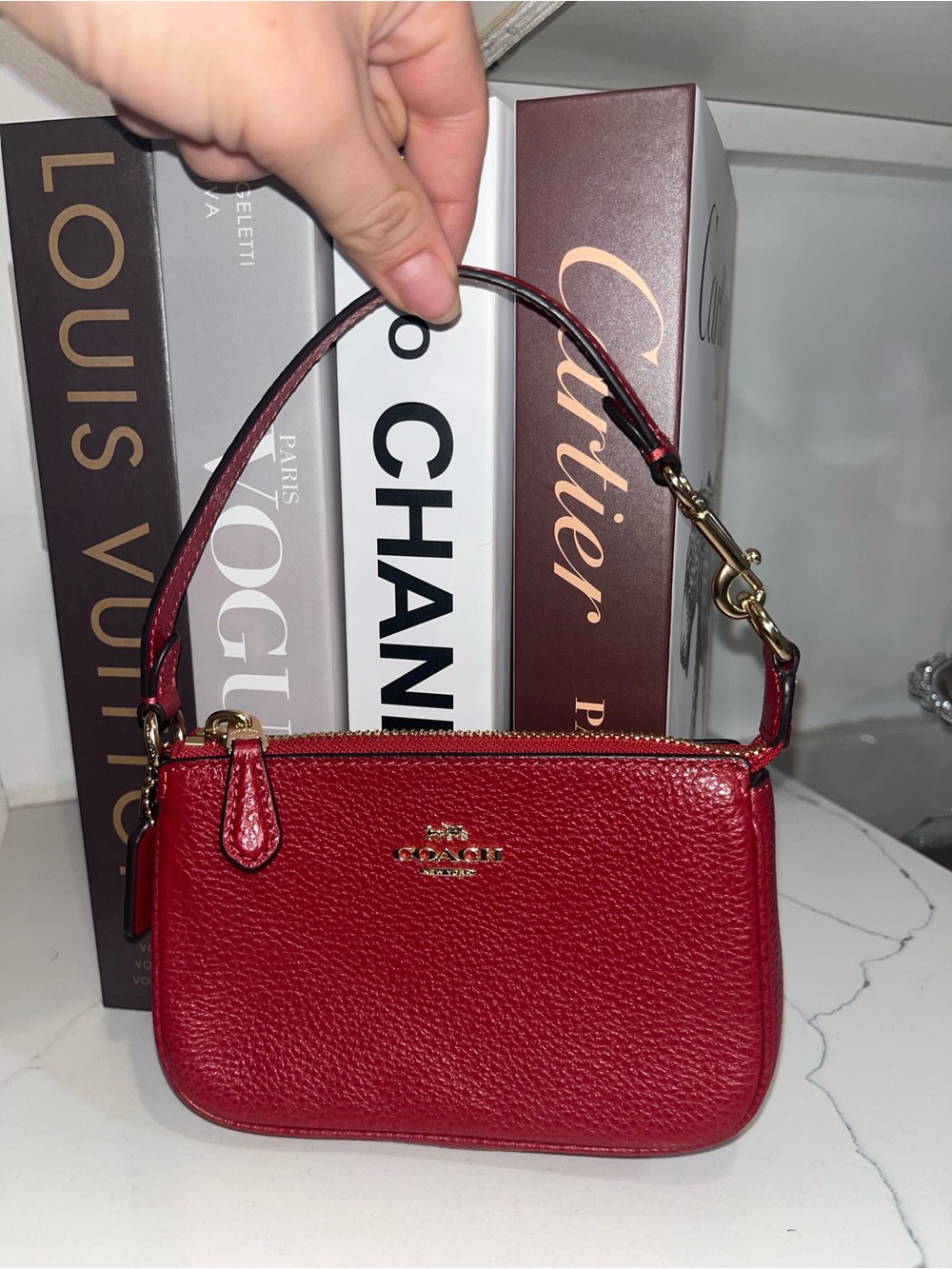 Coach Red Pebbled Leather Mini Wristlet with Gold Hardware